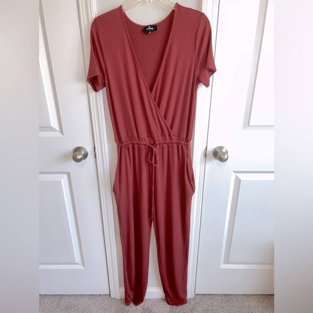 Lulu's Dusty Rose Short Sleeve Wrap Jumpsuit